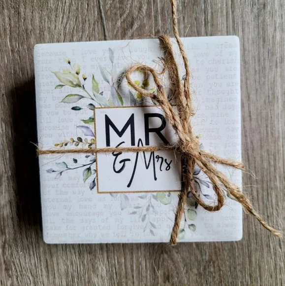New Ceramic Mr. & Mrs. 4" Coaster Set - Picture 2 of 3